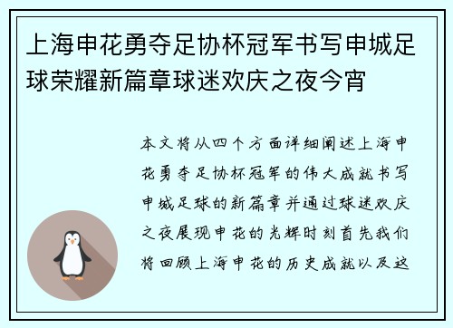 上海申花勇夺足协杯冠军书写申城足球荣耀新篇章球迷欢庆之夜今宵