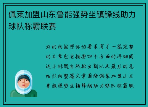 佩莱加盟山东鲁能强势坐镇锋线助力球队称霸联赛