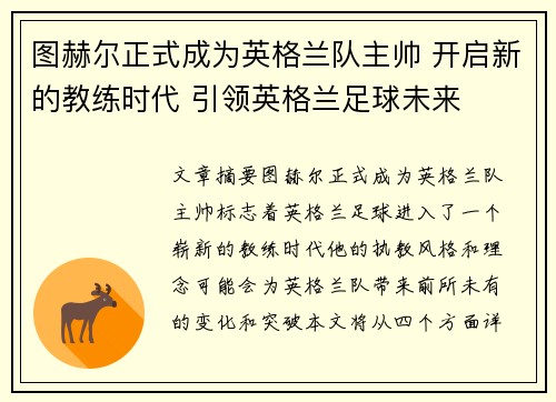 图赫尔正式成为英格兰队主帅 开启新的教练时代 引领英格兰足球未来