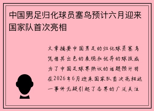 中国男足归化球员塞鸟预计六月迎来国家队首次亮相